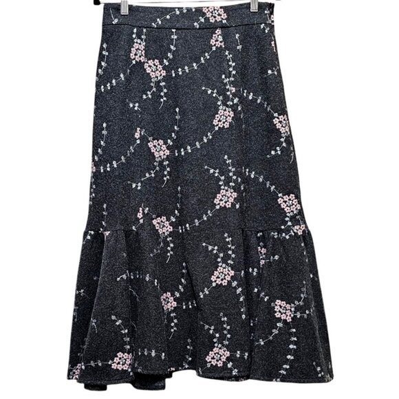 Floral Embroidered Dark Gray Midi Skirt With Ruffled Hem By S-ORY Size S - Picture 1 of 8